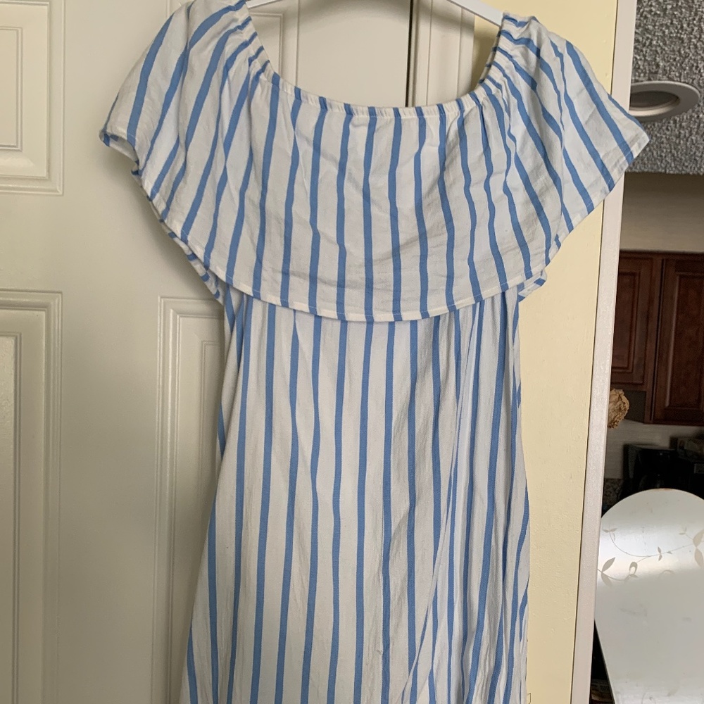 Iris off-shoulder blue/white striped smock dress